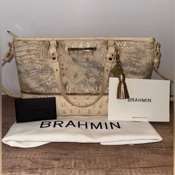 Brahmin Melbourne Croc Embossed Leather Satchel Bag Cream/Stone w/ Dust Bag - Picture 1 of 10